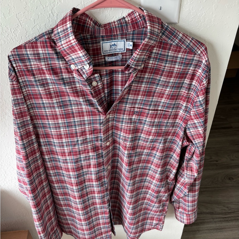 Southern Tide Red and Blue Plaid Button-Down Shirt